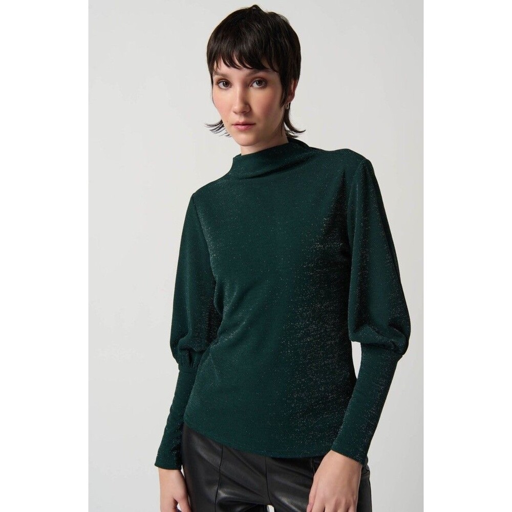 Joseph Ribkoff Green Silver Puff Sleeve Top Women’s 10 Mock Neck Party Evening